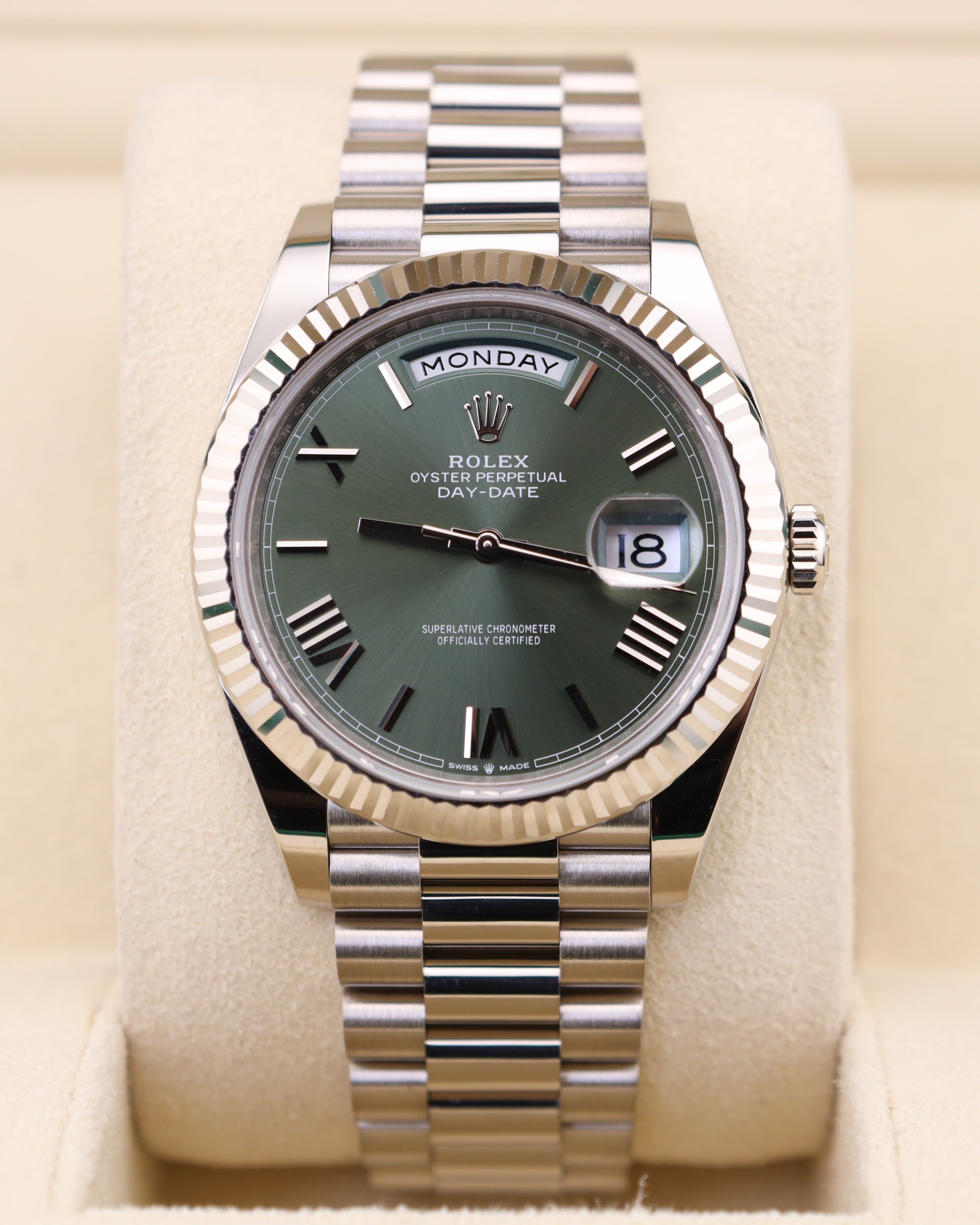 Rolex Day-Date 40 White Gold Olive Green Roman 228239 — Iron Eagle Reserve Miami