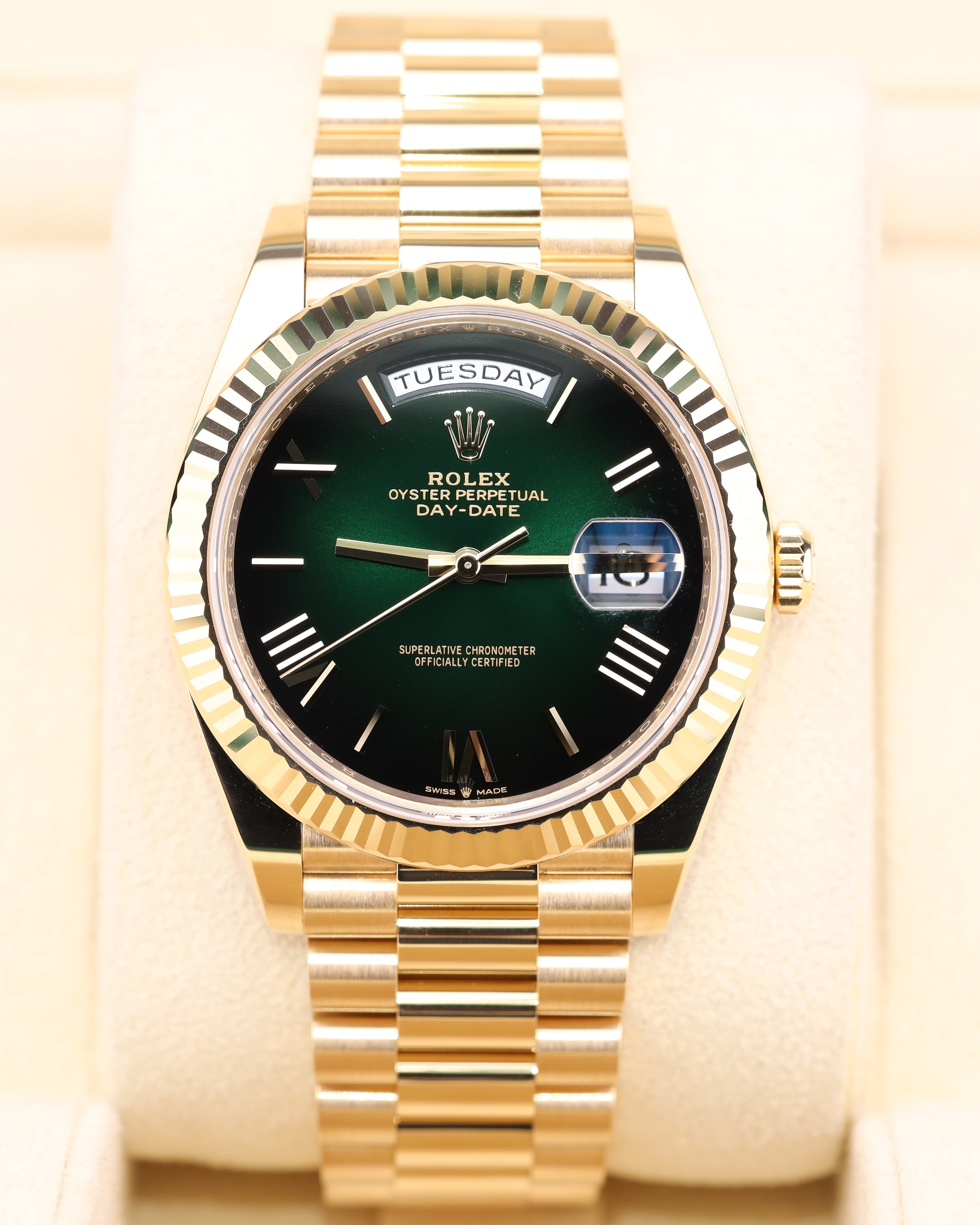 Rolex Day-Date 40 Yellow Gold Green Ombre 228238 — Iron Eagle Reserve Miami
