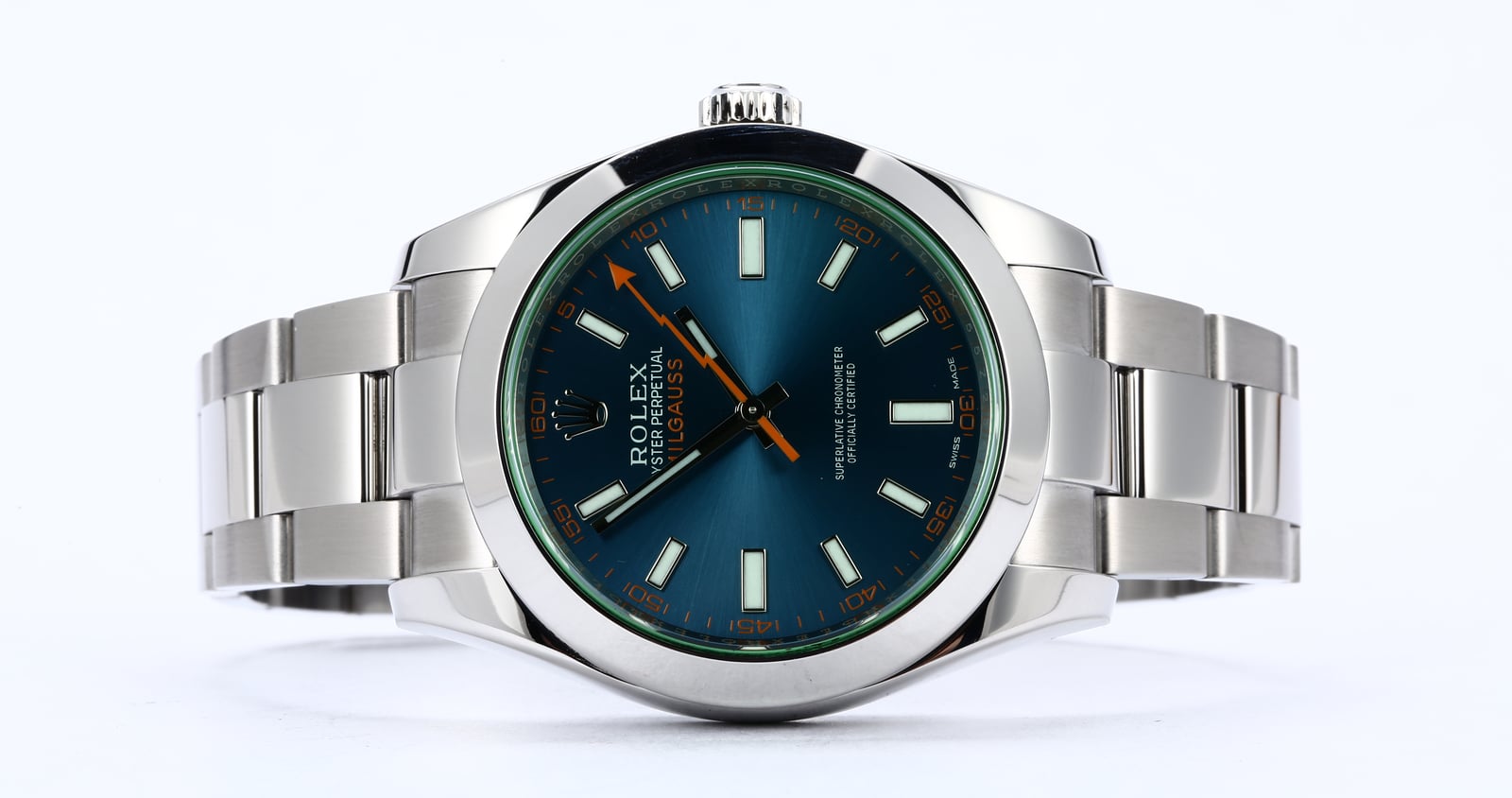 Rolex Milgauss Green Crystal Black Dial 116400GV detail view