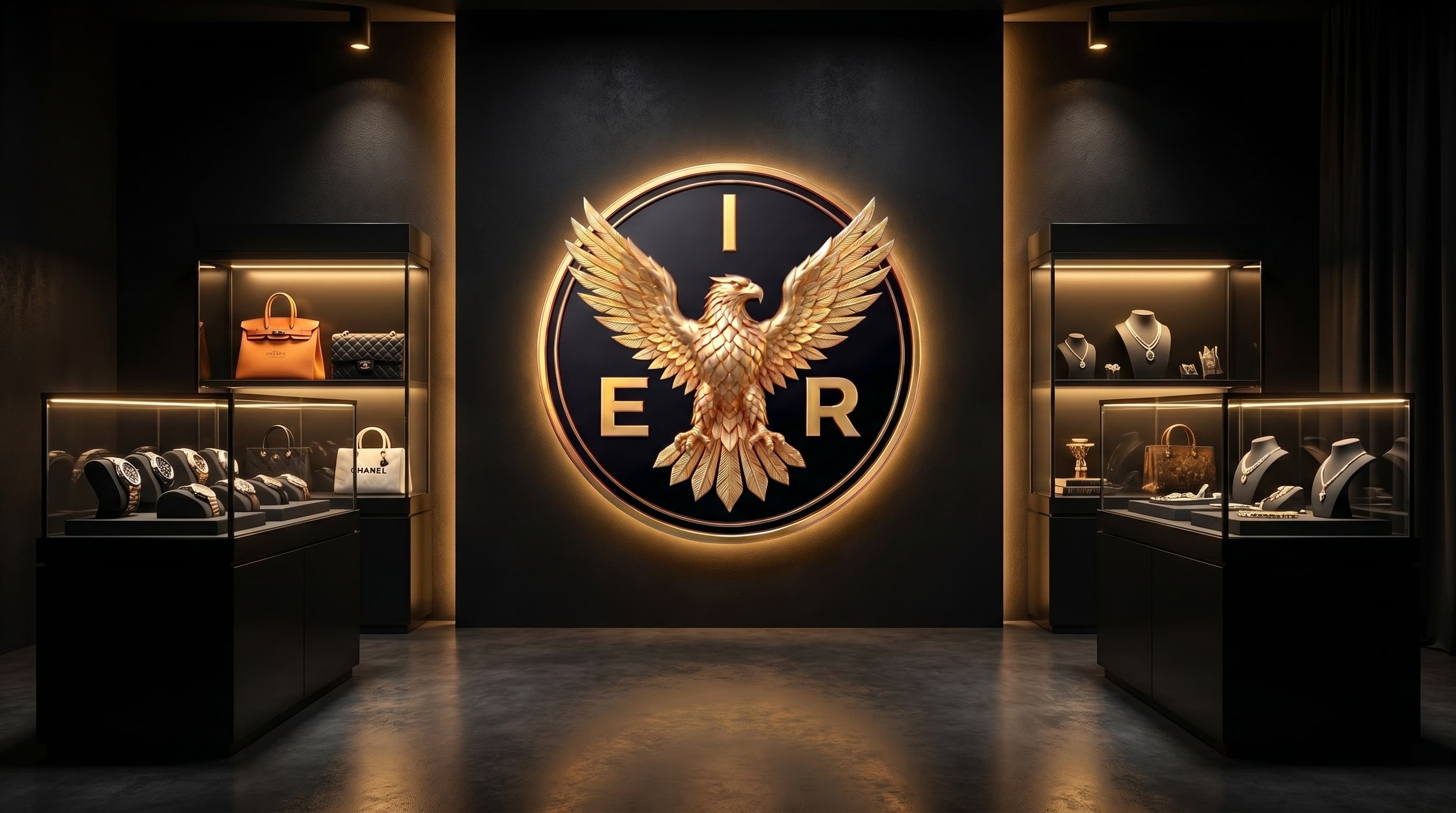 Iron Eagle Reserve luxury showroom interior at 174 E Flagler St, Downtown Miami — gold and watch buyer