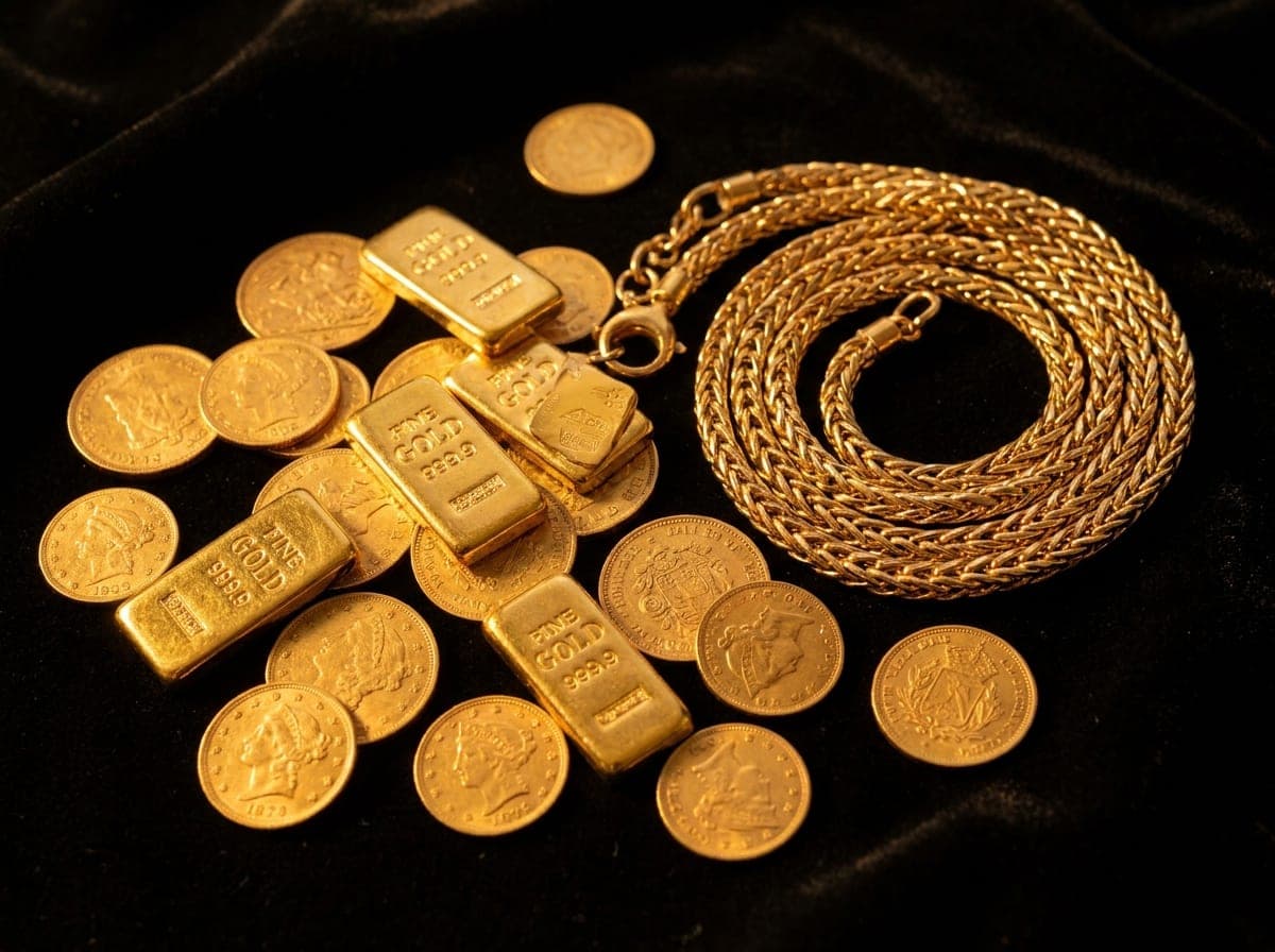 Gold coins, bars and necklace — sell gold for cash at Iron Eagle Reserve Miami
