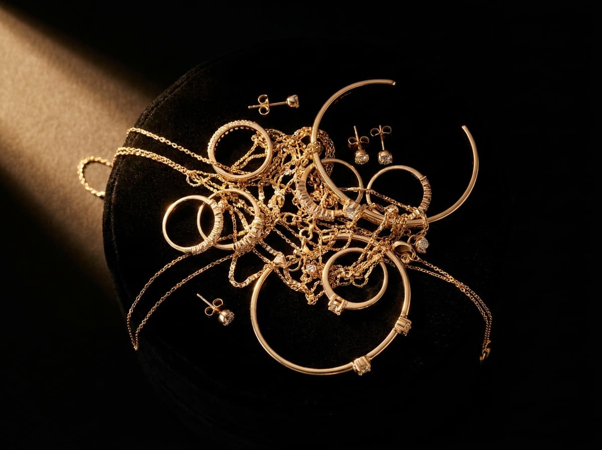 Diamond rings, gold necklaces and fine jewelry on black velvet — collateral loans against fine jewelry in Downtown Miami
