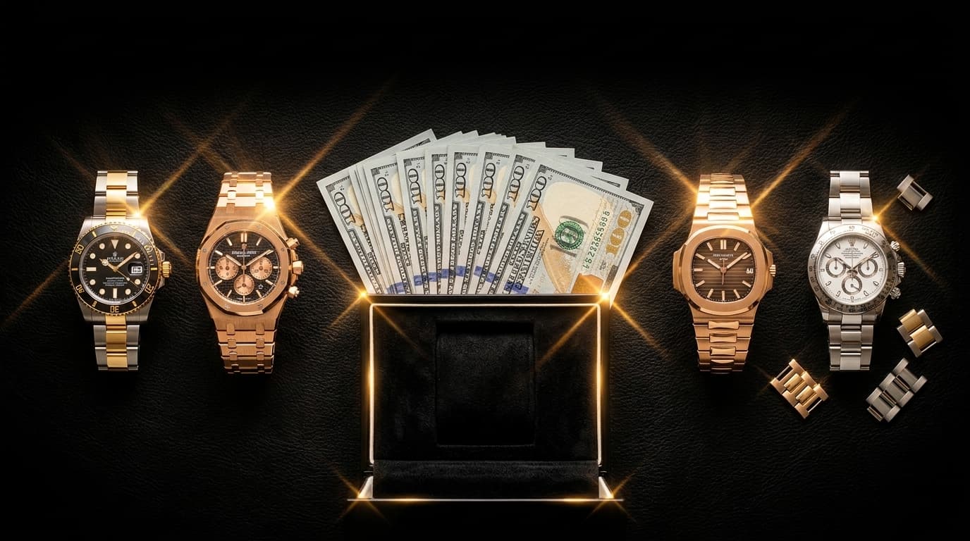 Luxury watches displayed alongside cash — sell your watch for cash at Iron Eagle Reserve in Downtown Miami