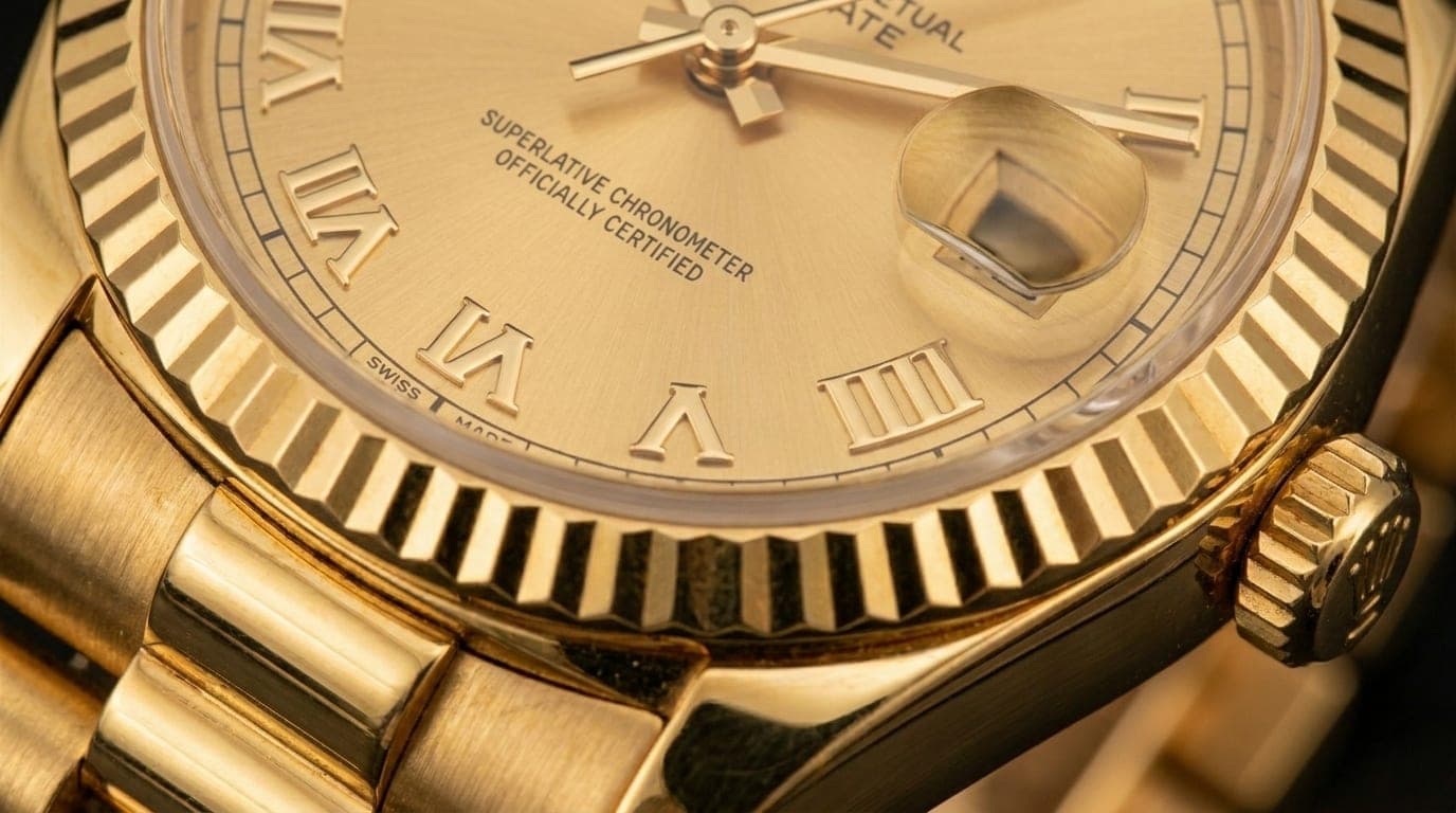 Macro primer plano de Rolex con brazalete dorado — vende tu Rolex en Iron Eagle Reserve Miami