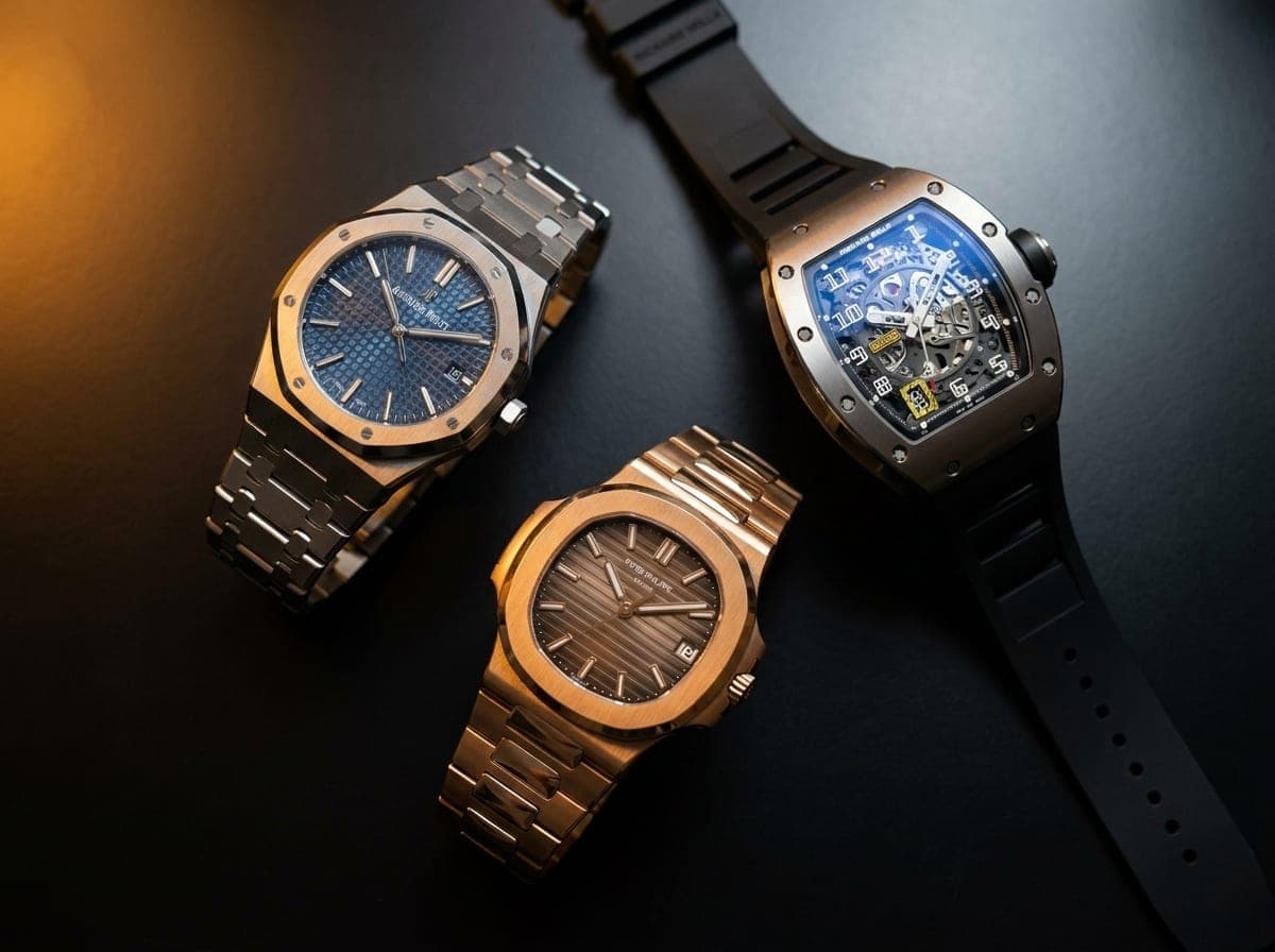 Audemars Piguet Royal Oak, Patek Philippe Nautilus y Richard Mille en superficie negra — vende relojes de alta complicación en Miami