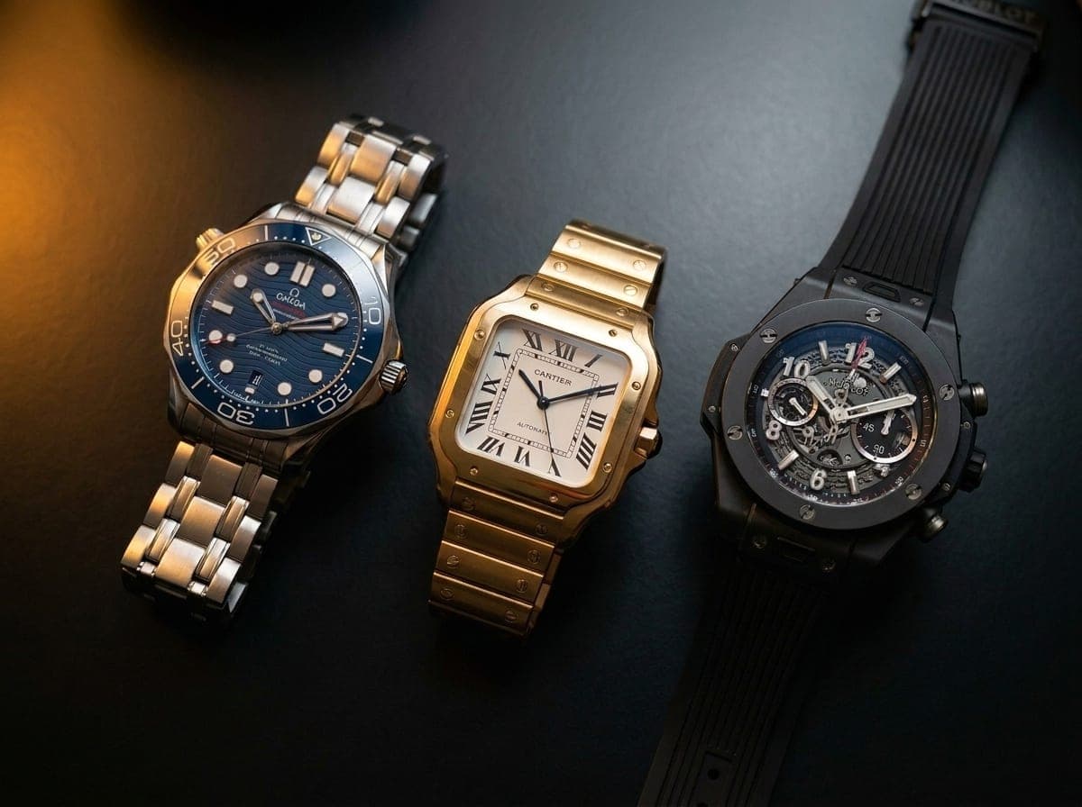 Relojes Omega Seamaster, Cartier Santos y Hublot Big Bang en superficie negra — vende tu reloj de lujo en Miami