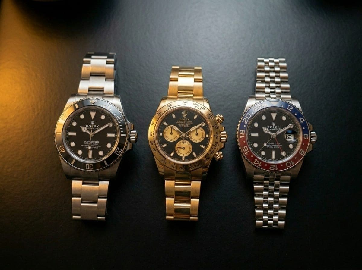 Relojes Rolex Submariner, Daytona y GMT-Master II en superficie negra — vende tu Rolex en Downtown Miami