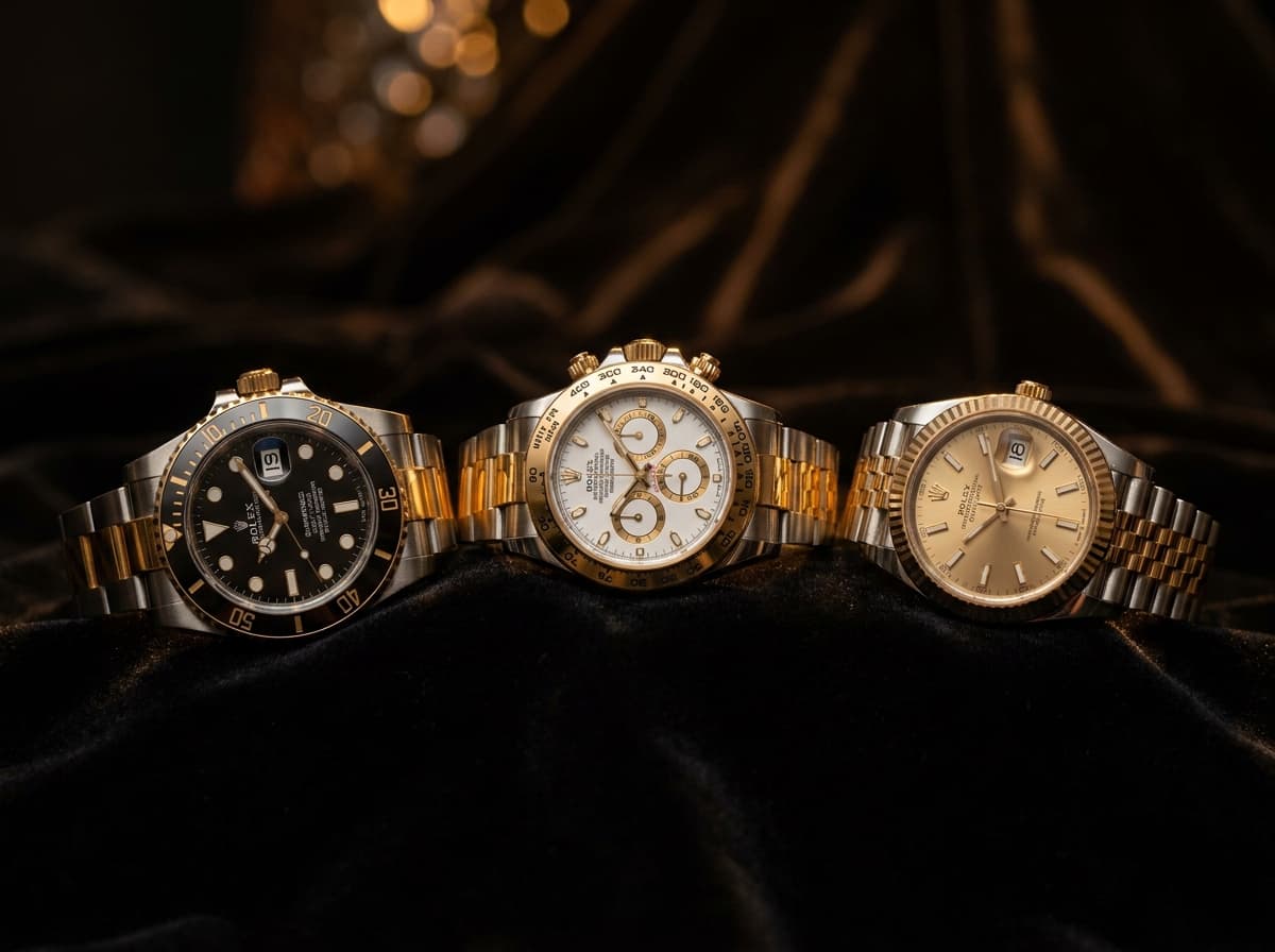 Three Rolex watches on dark velvet — use your luxury watch as collateral for a loan in Miami