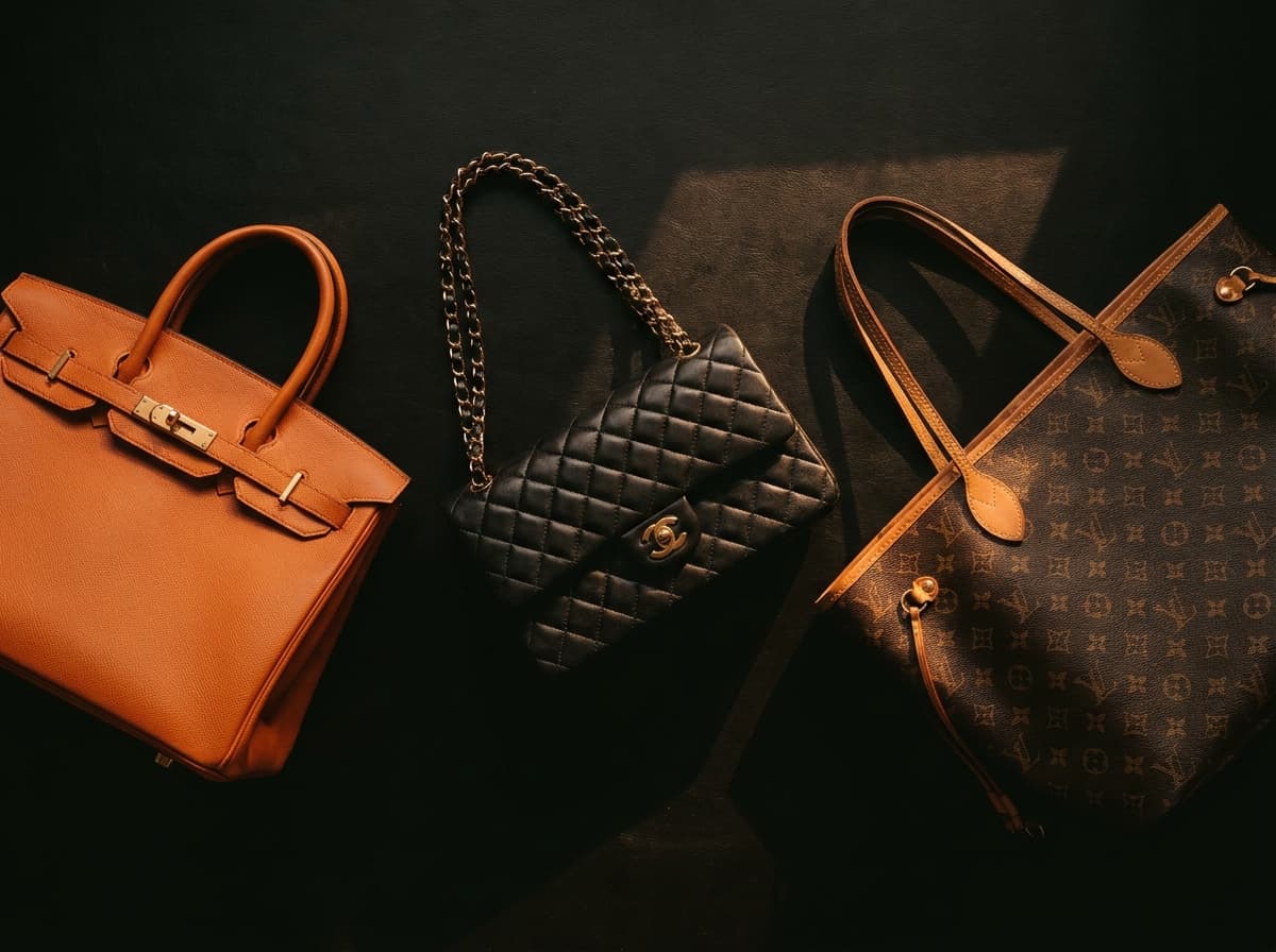 Hermès Birkin, Chanel and Louis Vuitton designer handbags on black surface — get a collateral loan against your luxury handbag in Miami