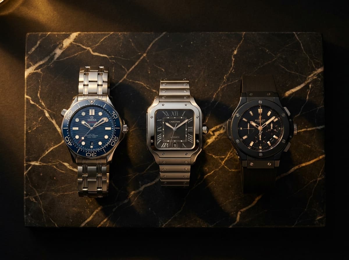 Omega, Cartier and Hublot luxury watches on marble surface — sell your luxury watch for cash in Miami