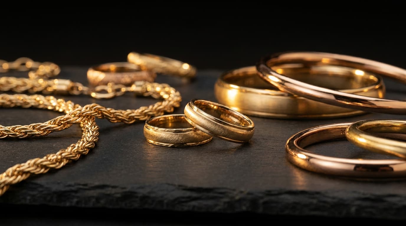 Gold jewelry items including chains and rings — gold price guide for sellers in Miami