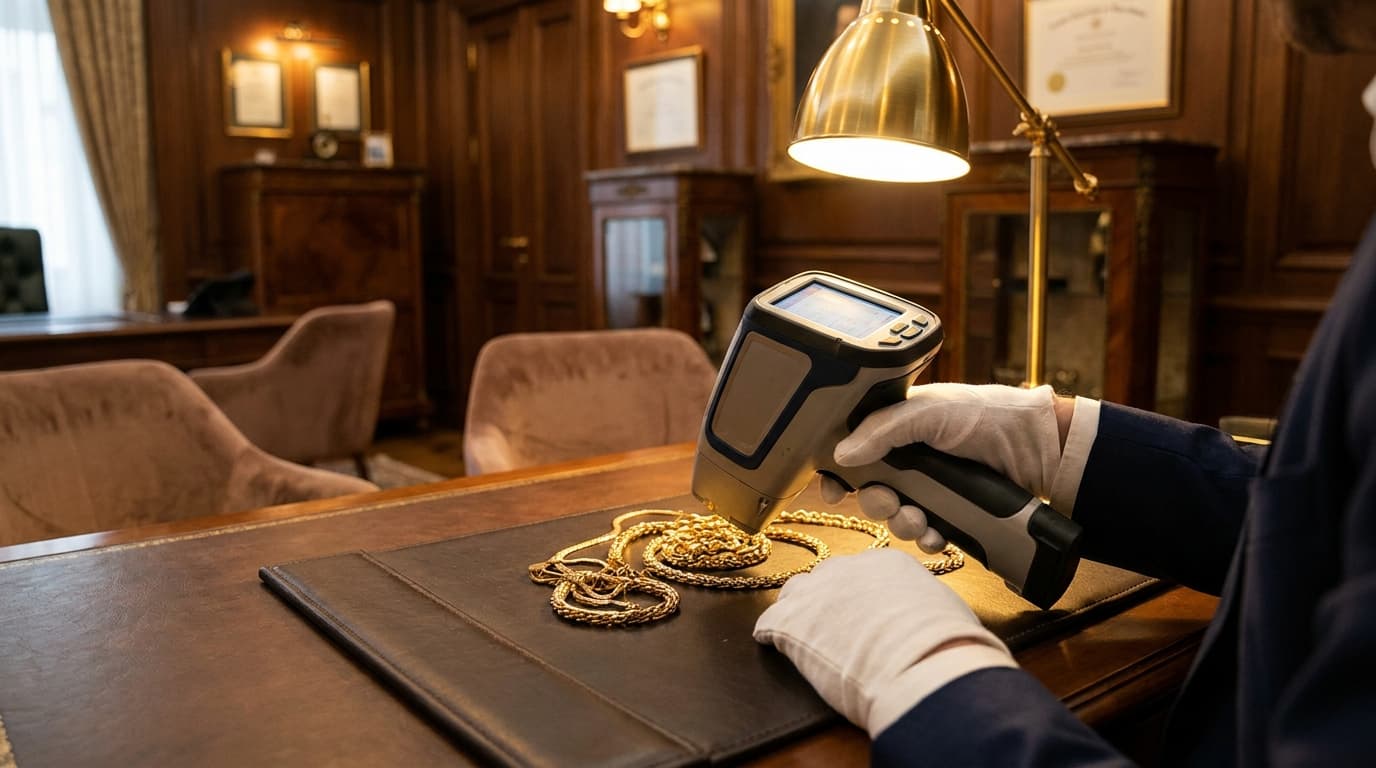 Gold specialist testing purity of gold chains with XRF analyzer at Iron Eagle Reserve Miami