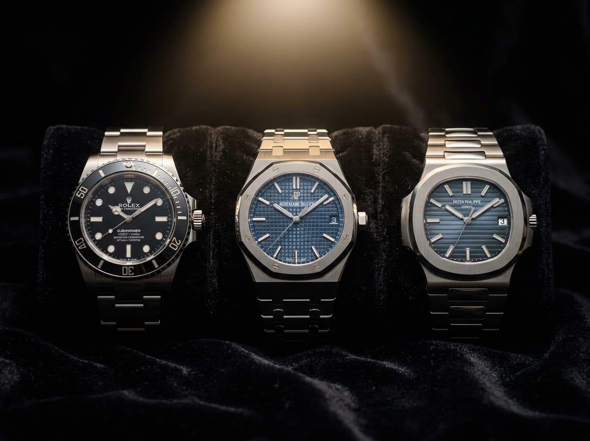 Multiple luxury watches on dark velvet — luxury watch buyer Miami guide