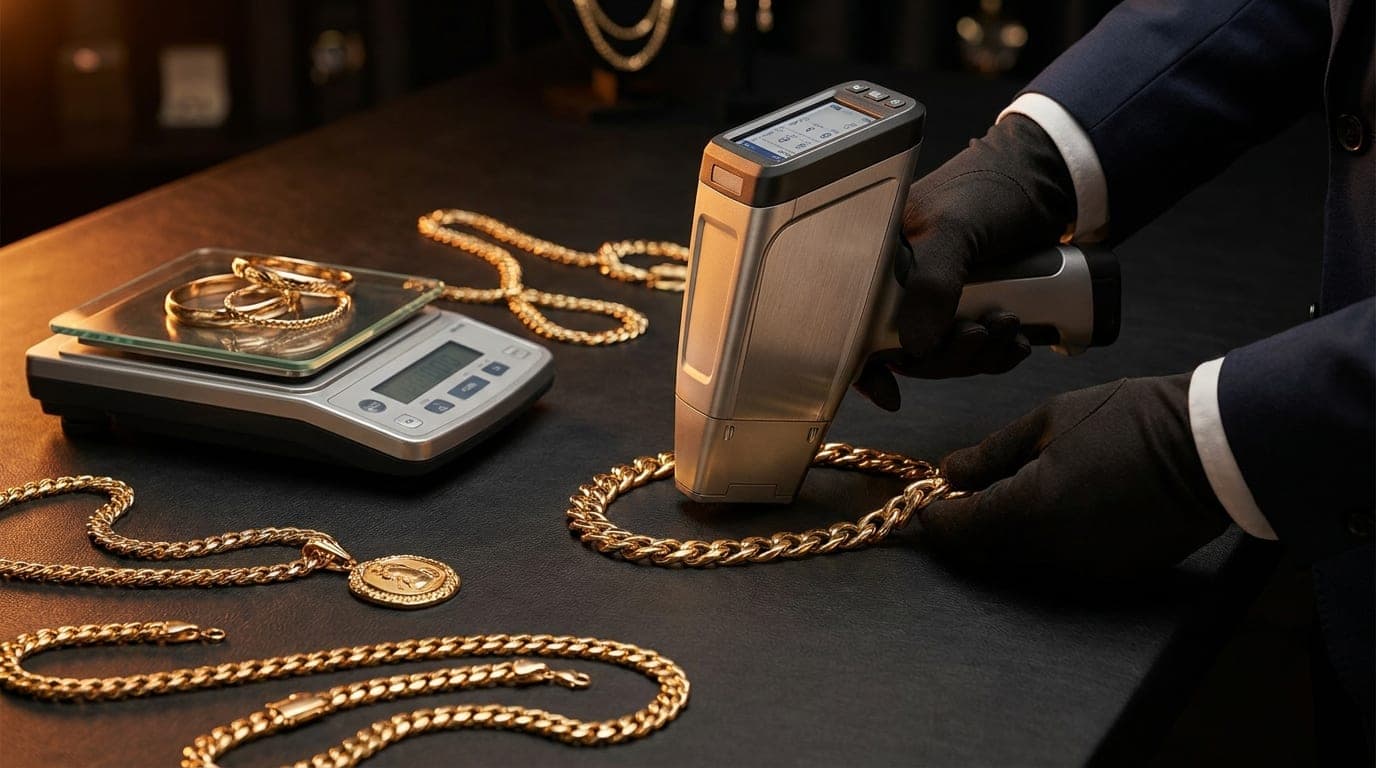 Especialista verificando la pureza de cadenas de oro con analizador XRF — Iron Eagle Reserve Miami